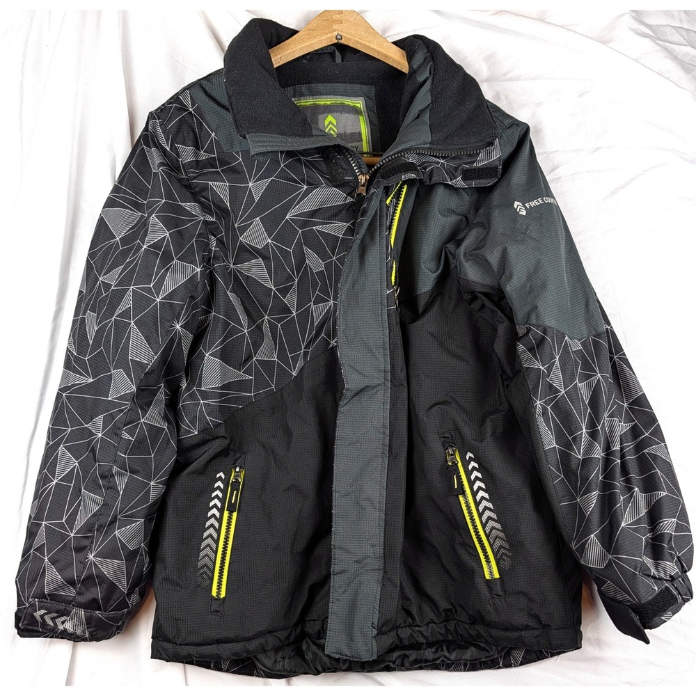 Vintage Free Country Boys Black Grey Geometric Ski Jacket Fleece Lined Sz 14/16